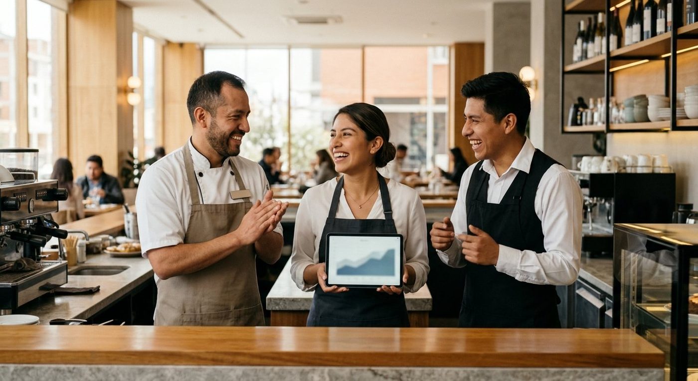 Equipo de un restaurante feliz usando PedidosGratis
